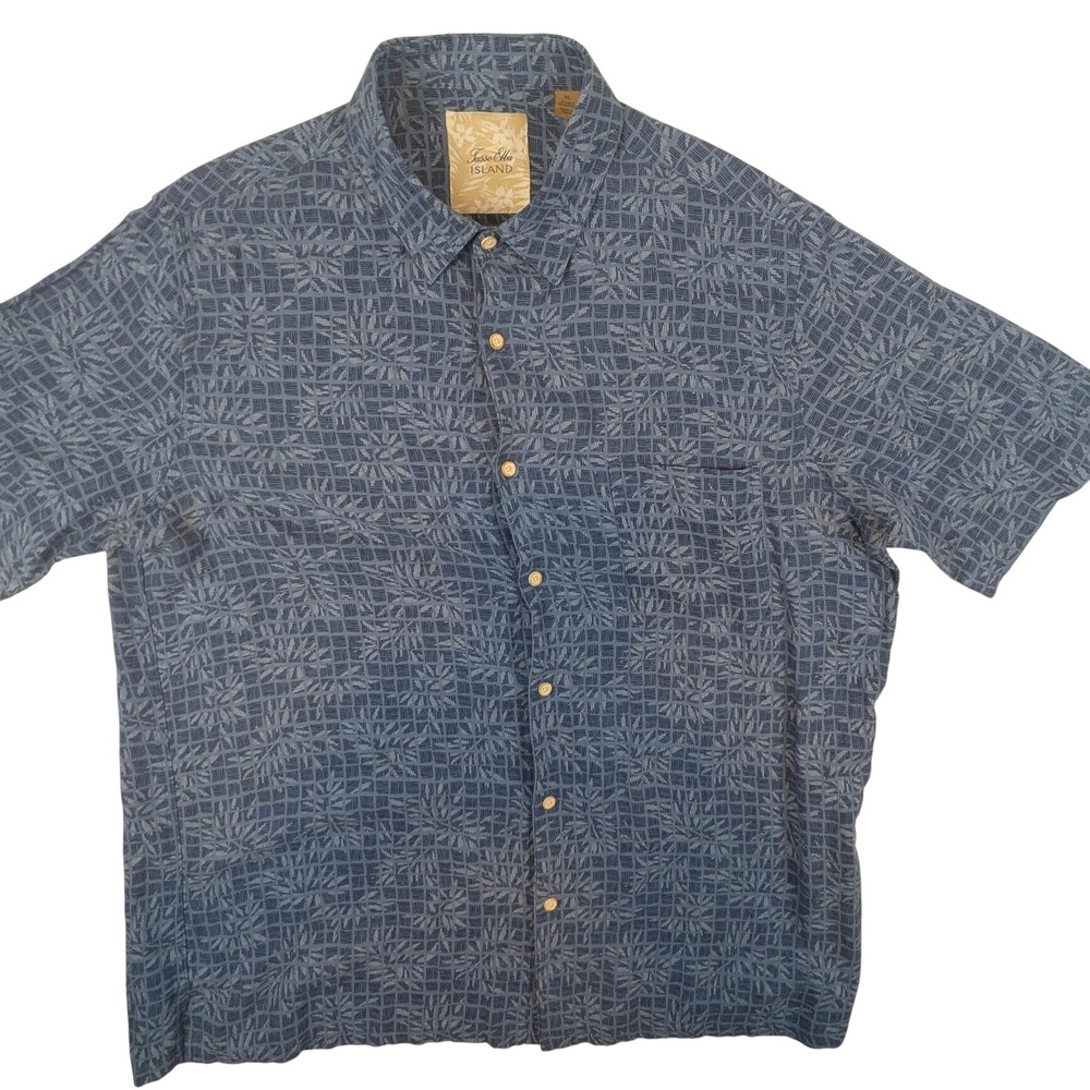 Tasso Elba Island Mens XL Blue Silk Blend Geometric Palm Leaf Short Sleeve Shirt